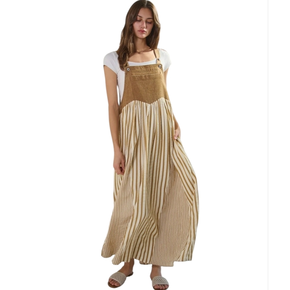 Nwt Oddi Brown Overall Dress w/ Contrasting Seersucker Creme/Gold Stripe Dress